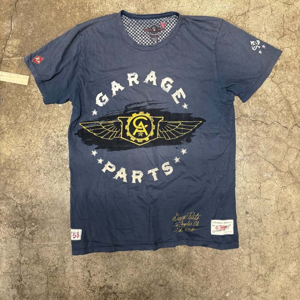 Christian Audigier Garage Parts T-Shirt Size L Blue y2kCotton Graphic